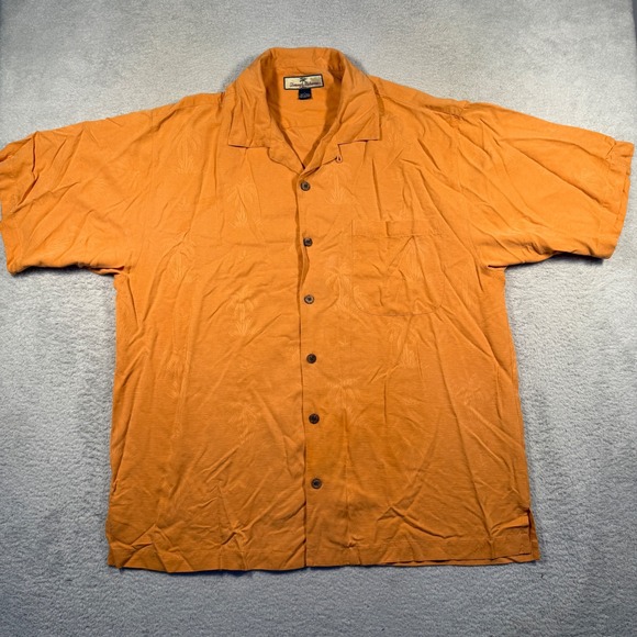 Tommy Bahama 100% Silk Button Up Shirt Mens Large Orange Palm Tree Print - Picture 1 of 6